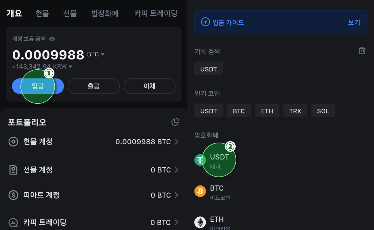 테더(USDT) 입금 선택